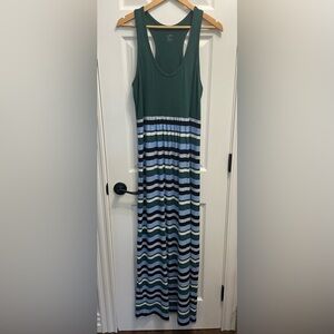 Ann Taylor LOFT Beach Maxi Dress LARGE Blue Green Stripe Racerback Sleeveless